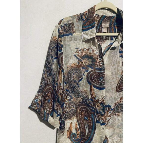 Chicos Top Womens Large 12 Boho Paisley Print Sheer Asymmetrical Hem Flowy - Picture 6 of 10